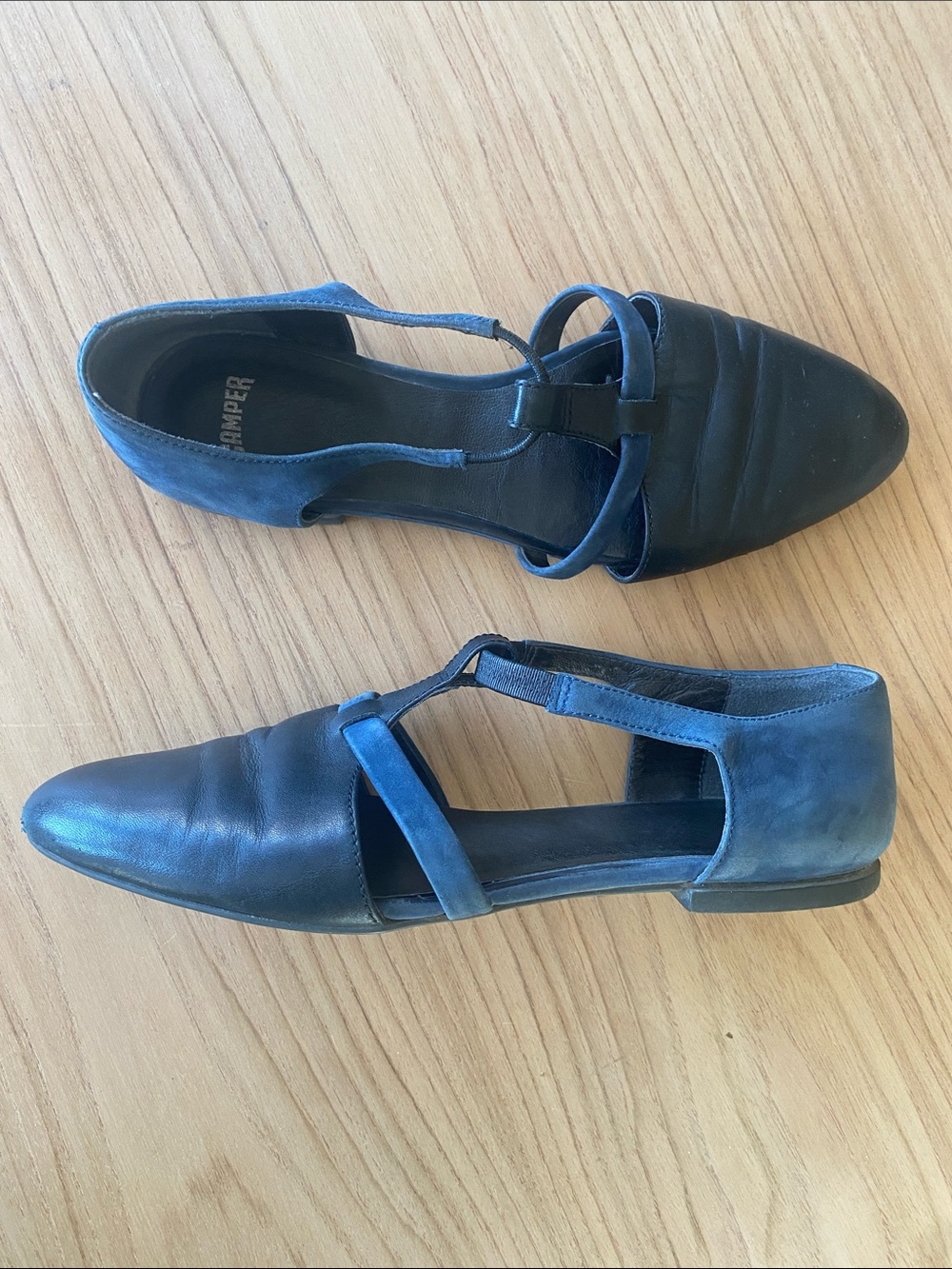 Camper Black and Blue T-Strap Leather Flats- 38